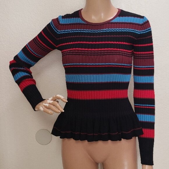 TORN by RONNY KOBO RIBBED KNIT STRIPED SWEATER TOP PEPLUM RUFFLE HEM sz XS - Picture 2 of 8